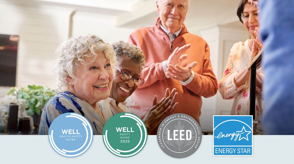 WELL, LEED, and ENERGY STAR certifications with seniors playing piano clapping