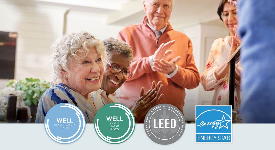 WELL, LEED, and ENERGY STAR certifications with seniors playing piano clapping